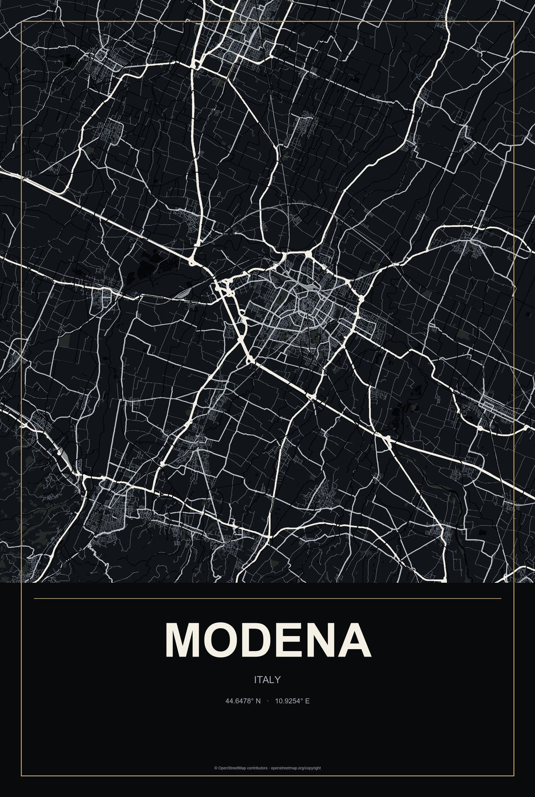 Modena, Italy City Map Aluminum Sign in Metropolitan Noir style