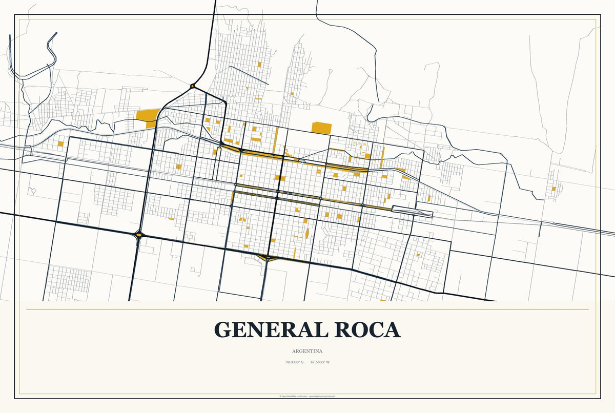 General Roca, Argentina City Map Aluminum Sign in Citrine Modern style