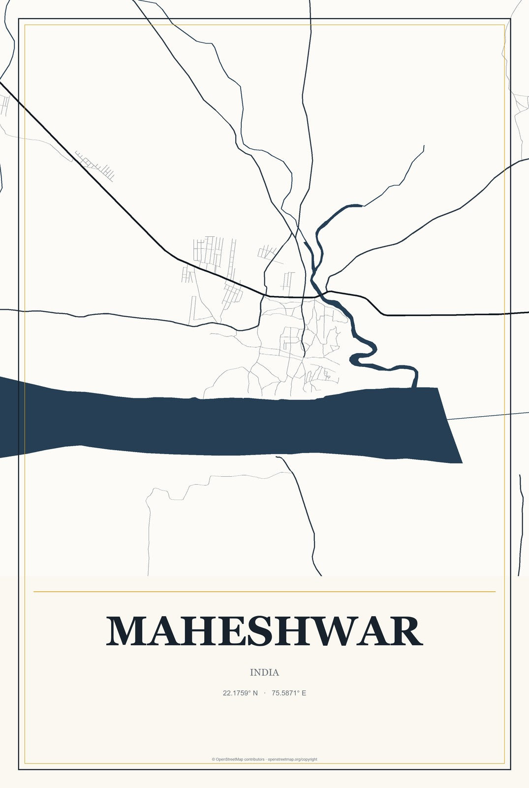 Maheshwar, India City Map Aluminum Sign in Citrine Modern style