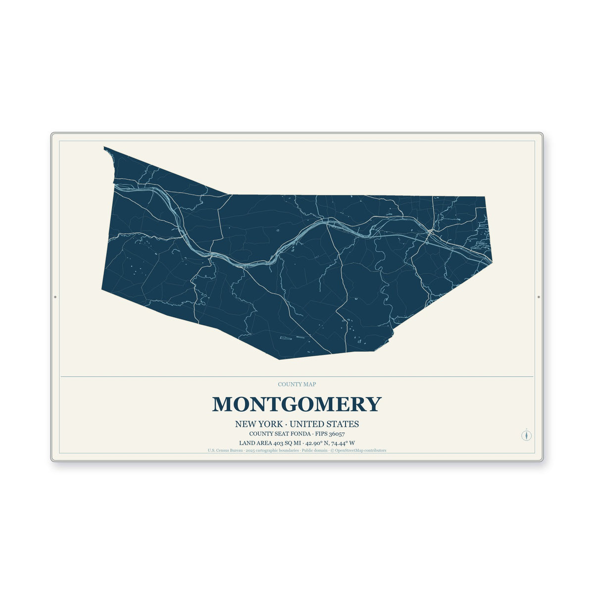Montgomery County, New York Map Aluminum Sign in Coastal Cutout style