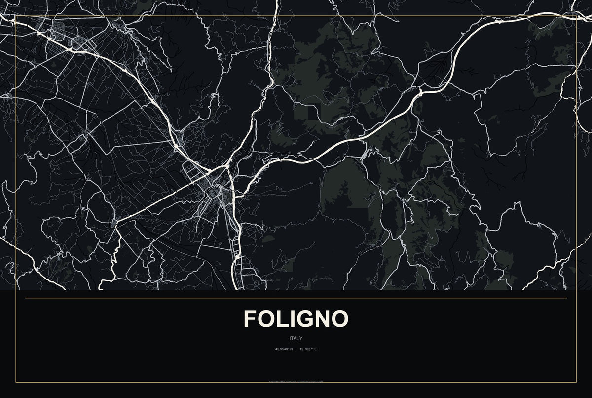 Foligno, Italy City Map Aluminum Sign in Metropolitan Noir style
