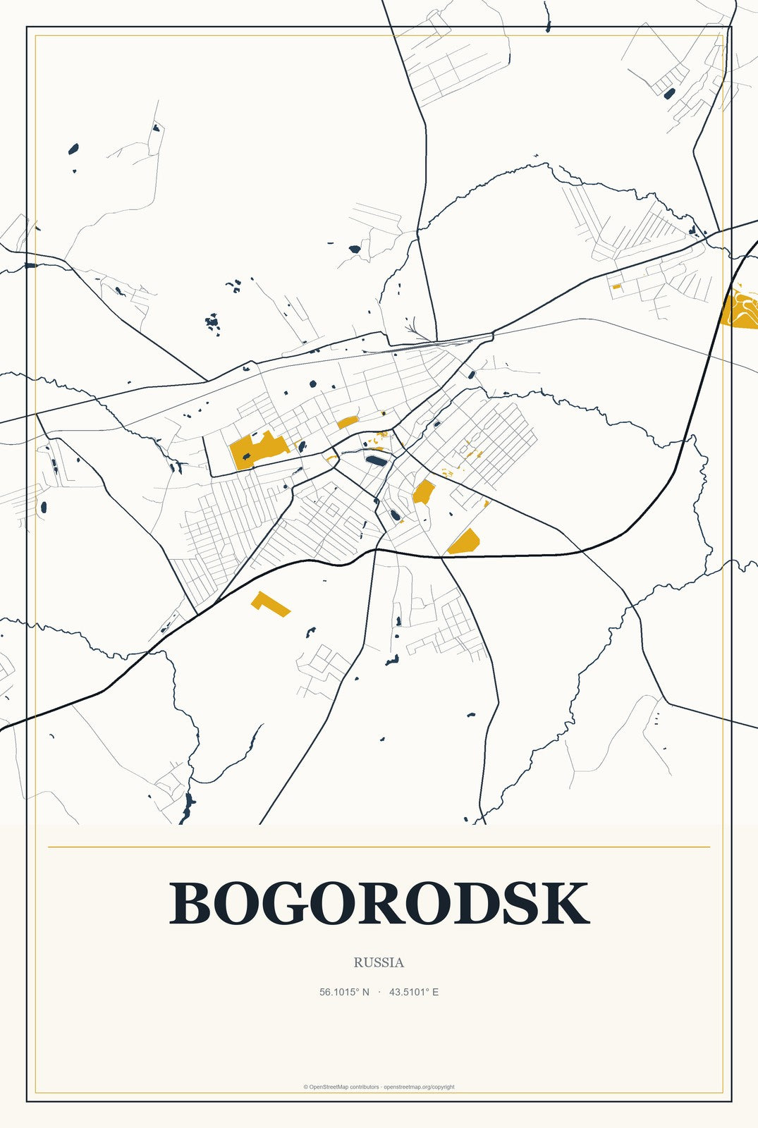 Bogorodsk, Russia City Map Aluminum Sign in Citrine Modern style