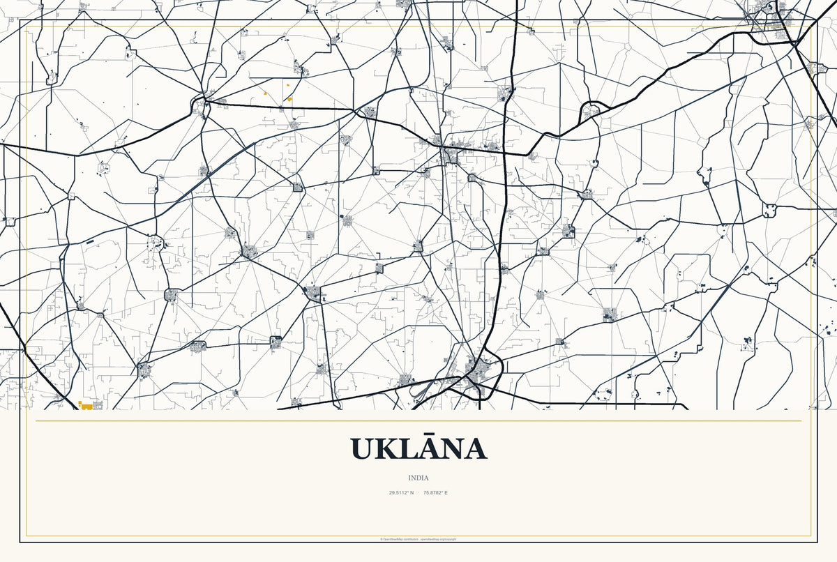 Uklāna, India City Map Aluminum Sign in Citrine Modern style