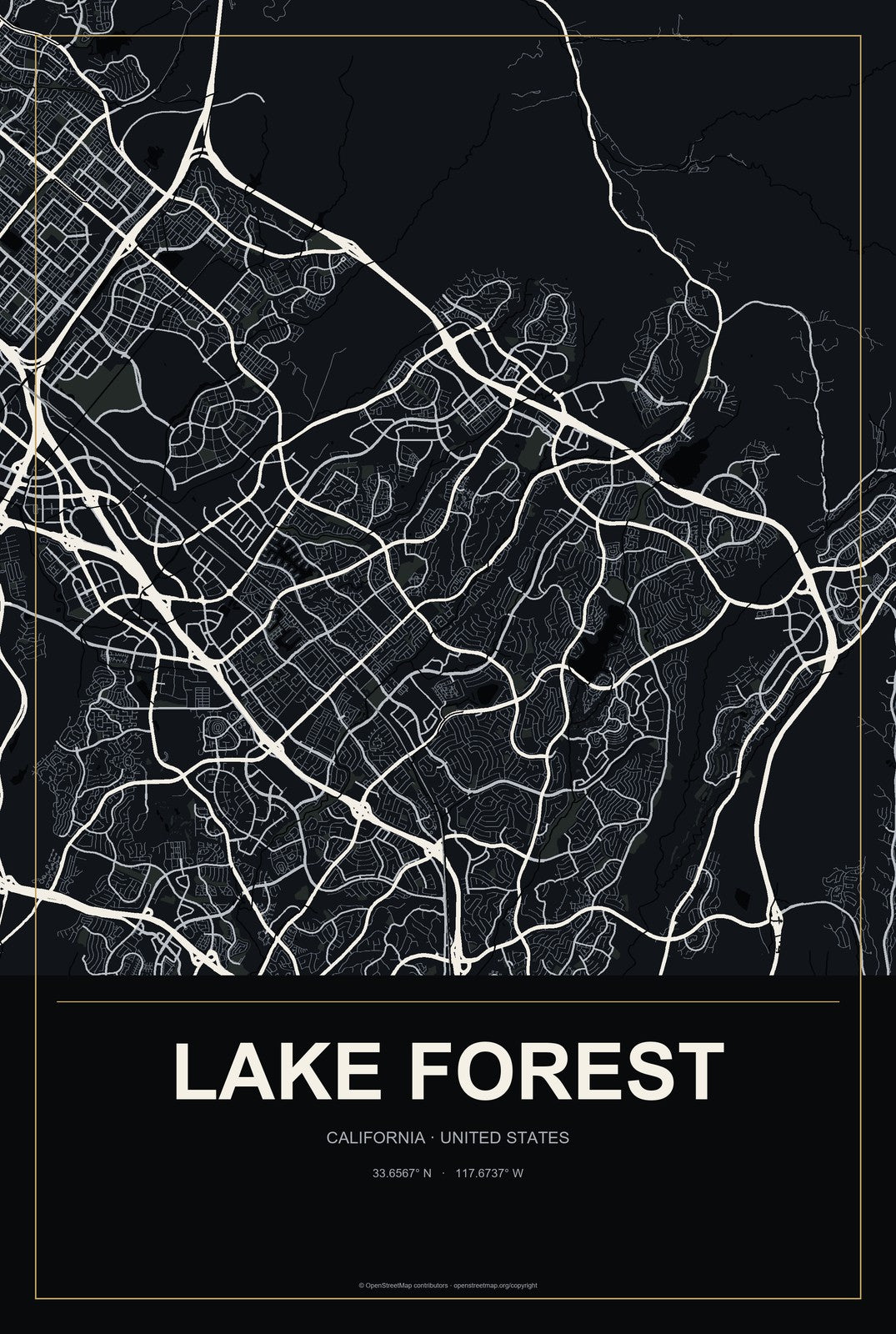 Lake Forest, California City Map Aluminum Sign in Metropolitan Noir style