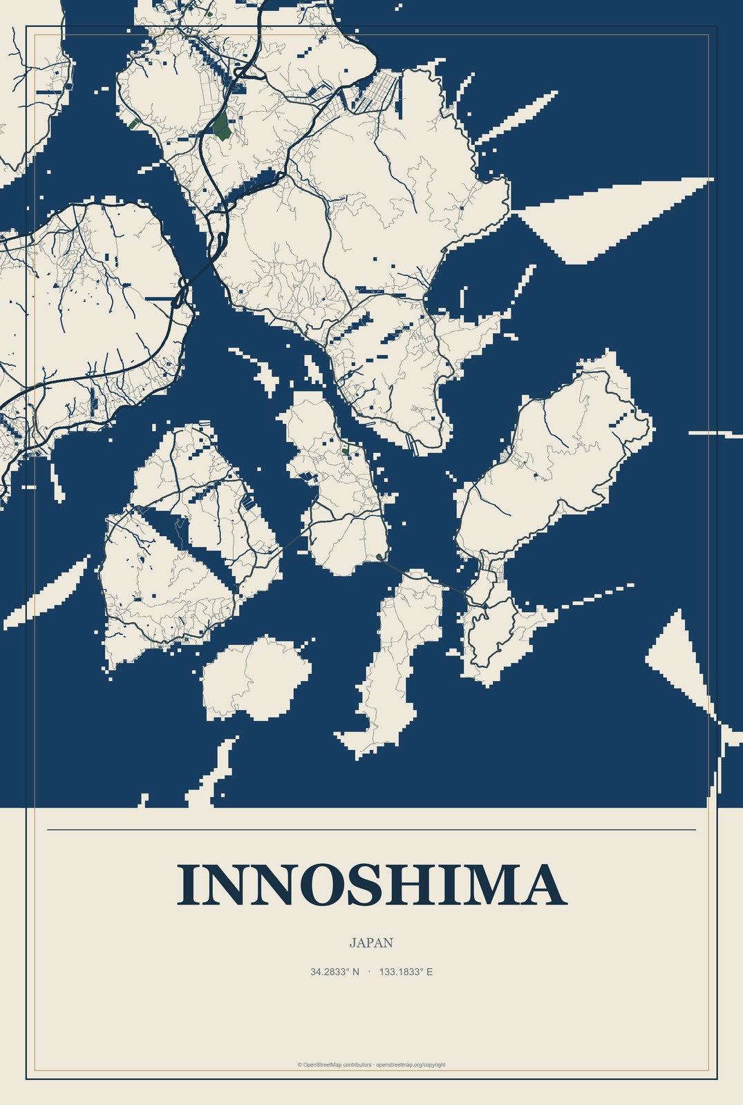 Innoshima, Japan City Map Aluminum Sign in Coastal Cutout style