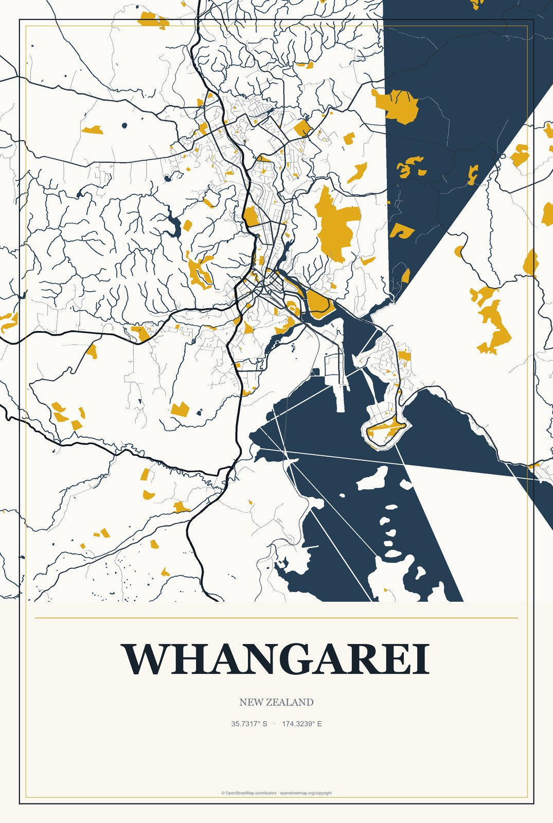 Whangarei, New Zealand City Map Aluminum Sign in Citrine Modern style