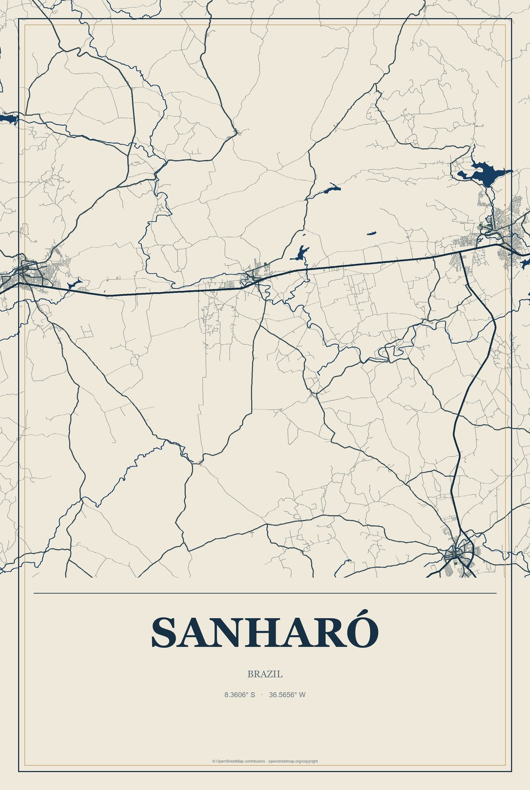 Sanharó, Brazil City Map Aluminum Sign in Coastal Cutout style