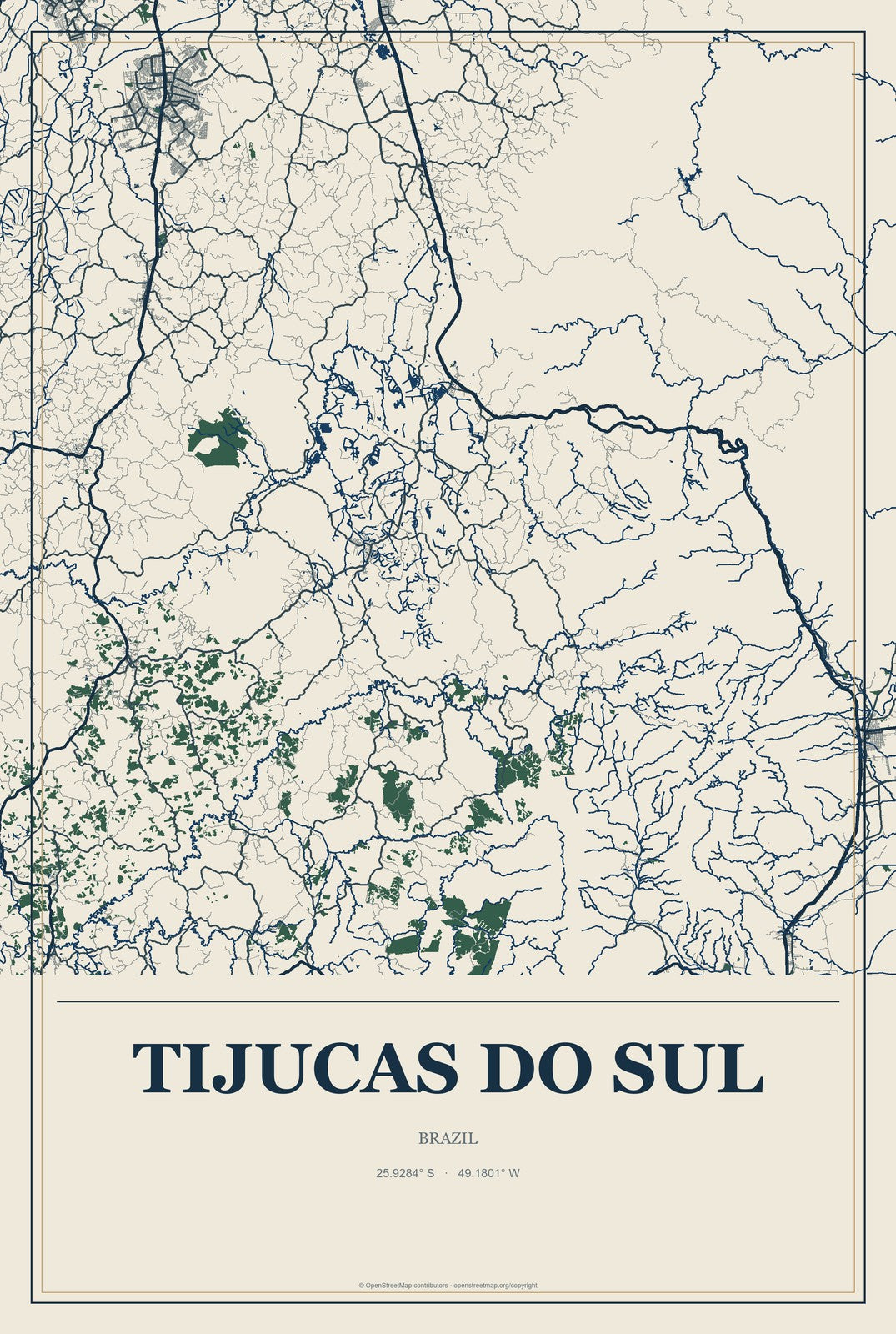 Tijucas do Sul, Brazil City Map Aluminum Sign in Coastal Cutout style