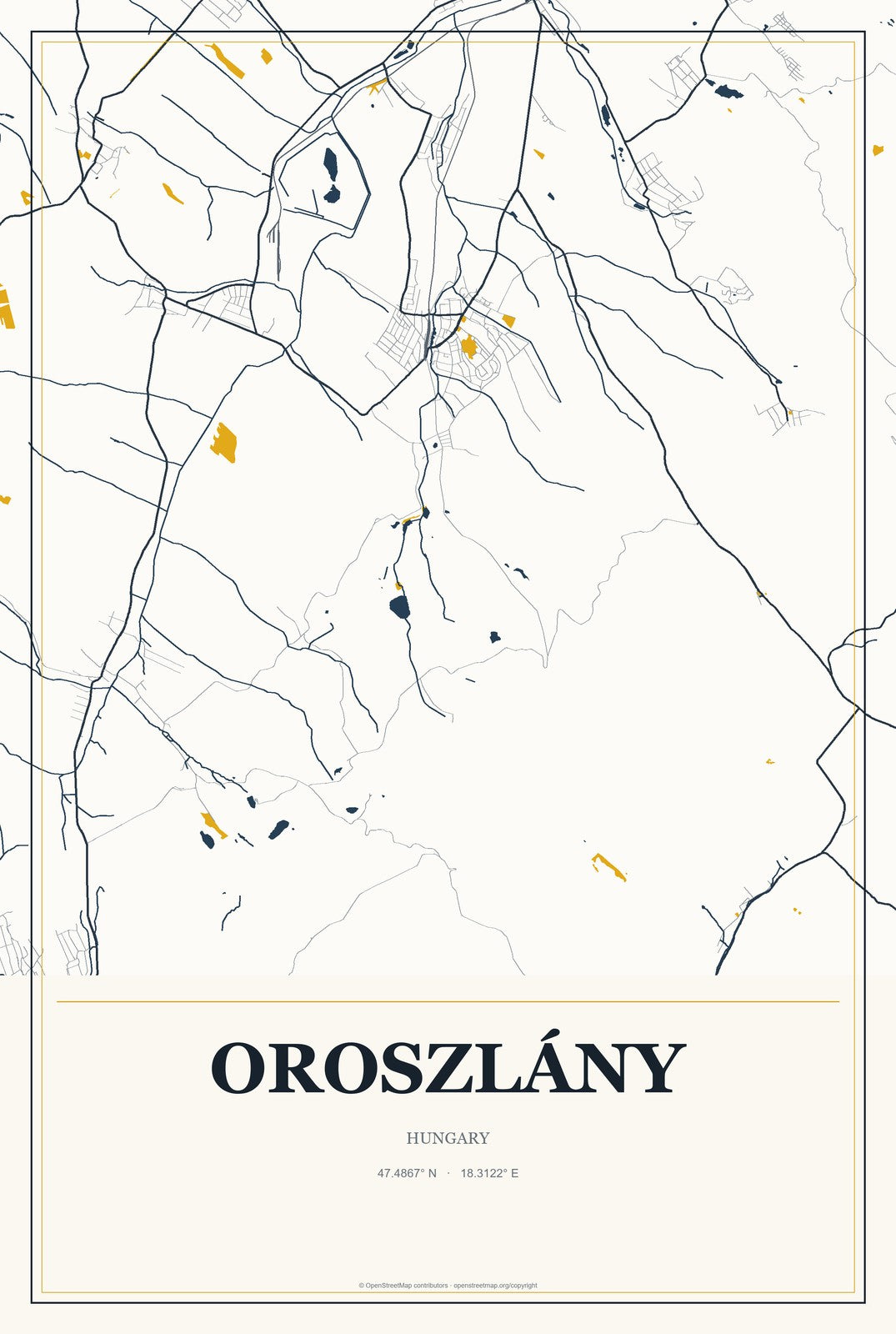 Oroszlány, Hungary City Map Aluminum Sign in Citrine Modern style