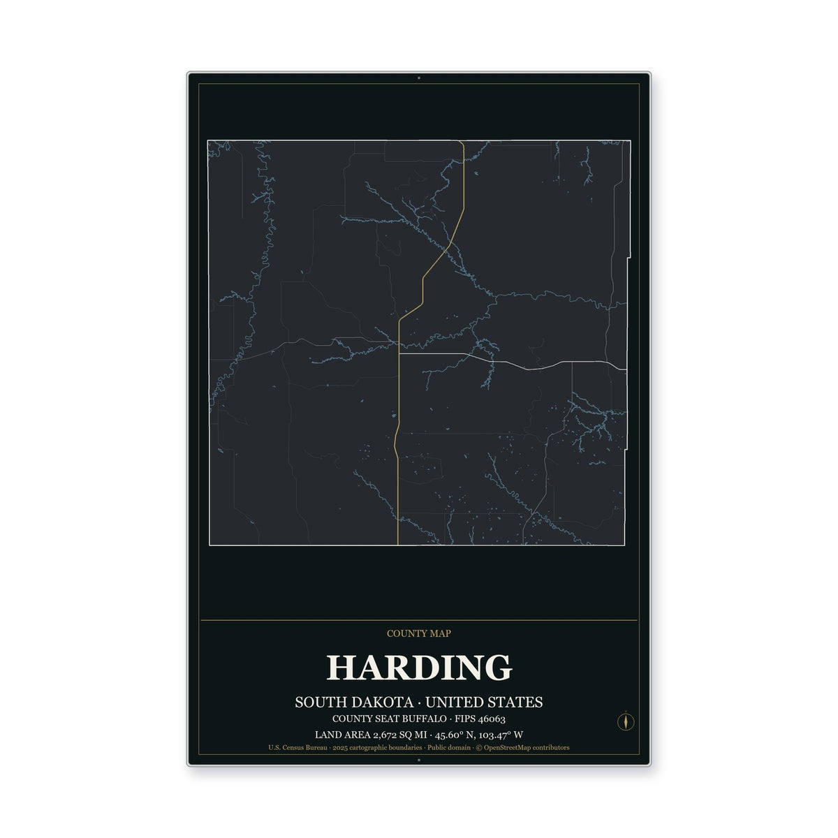 Harding County, South Dakota Map Aluminum Sign in Metropolitan Noir style