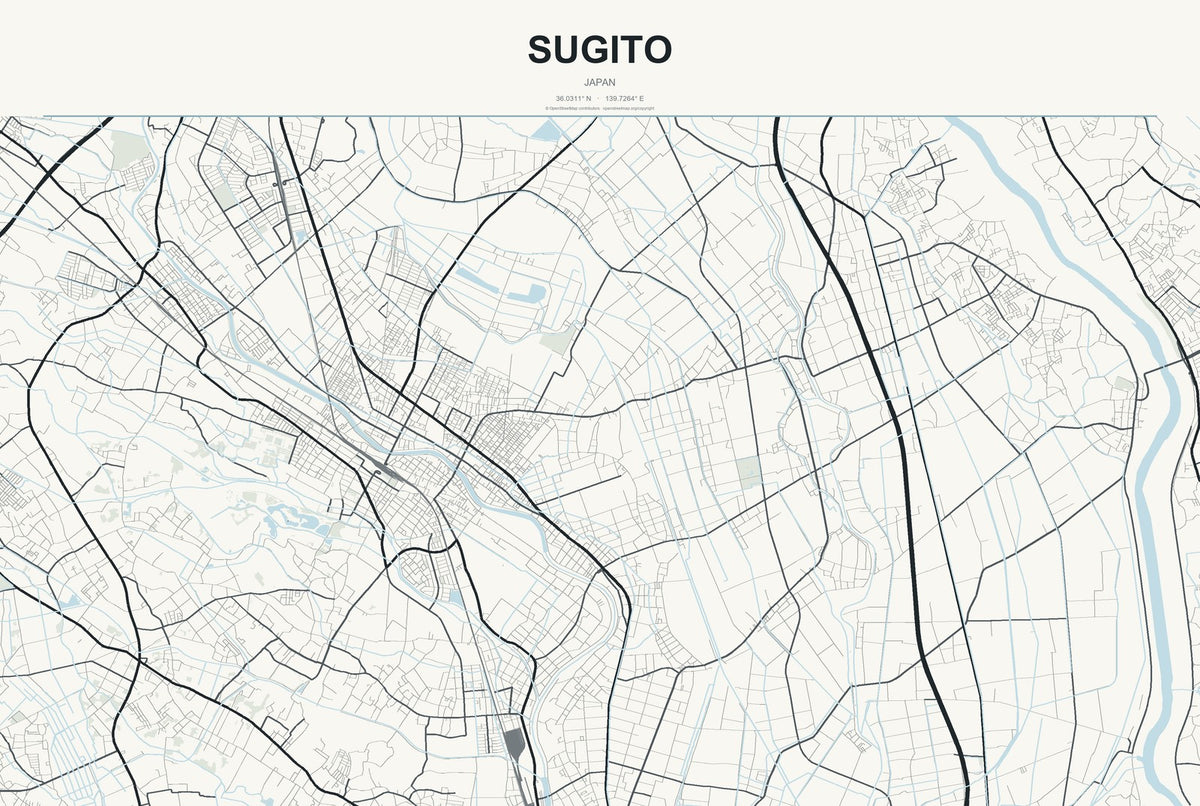 Sugito, Japan City Map Aluminum Sign in Headline Atlas style