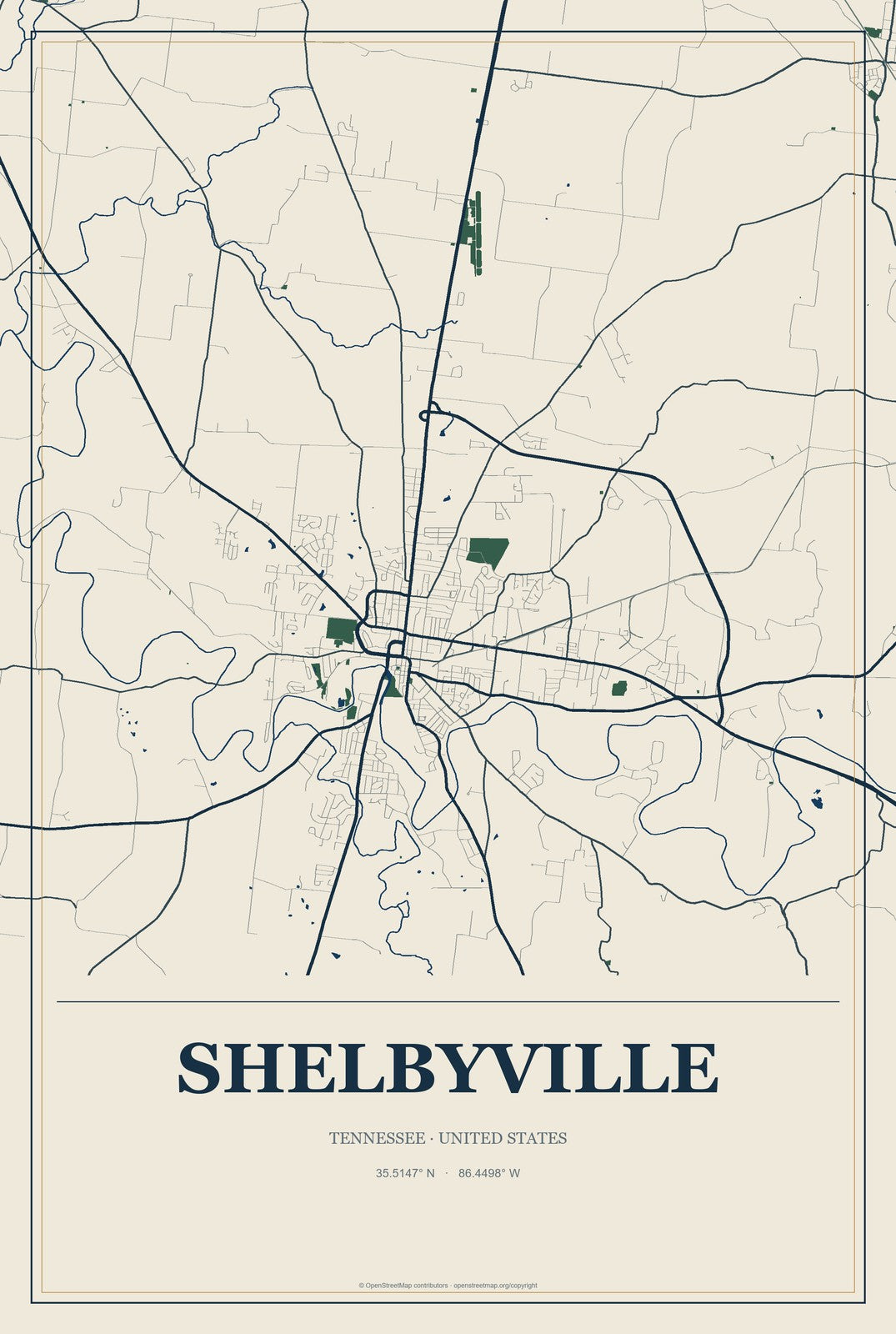 Shelbyville, Tennessee City Map Aluminum Sign in Coastal Cutout style