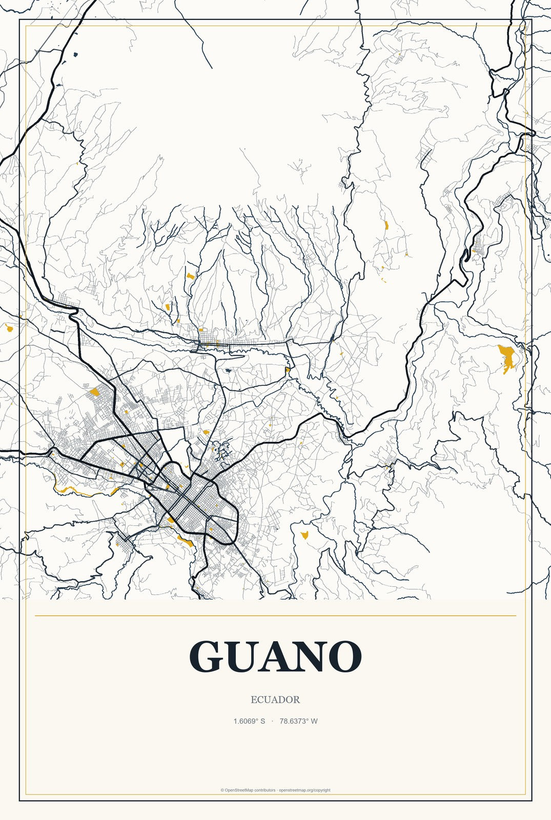 Guano, Ecuador City Map Aluminum Sign in Citrine Modern style