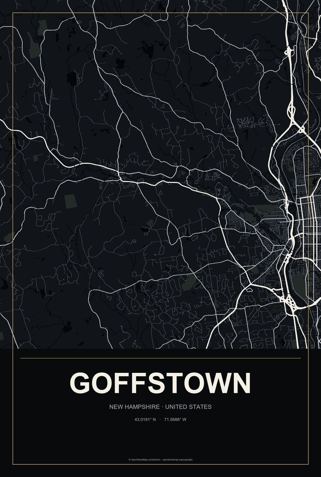 Goffstown, New Hampshire City Map Aluminum Sign in Metropolitan Noir style