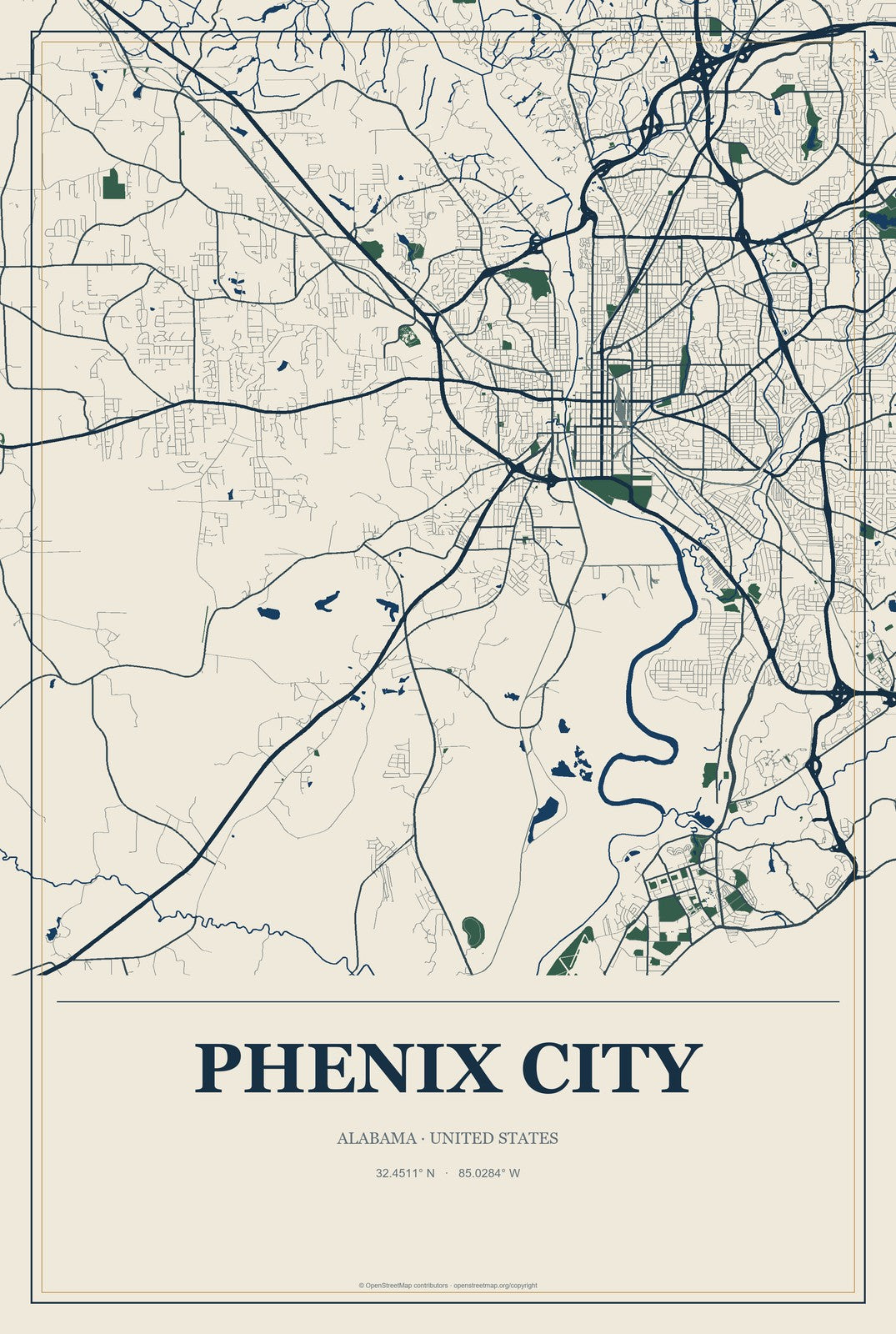 Phenix City, Alabama City Map Aluminum Sign in Coastal Cutout style