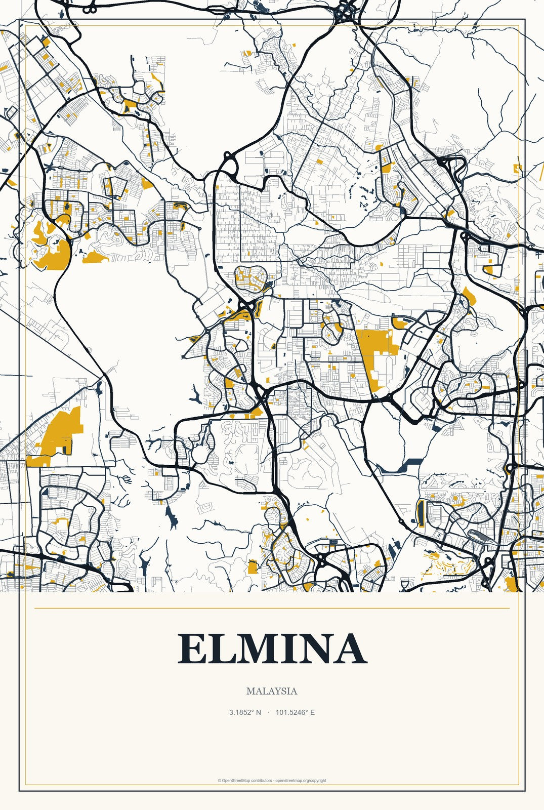 Elmina, Malaysia City Map Aluminum Sign in Citrine Modern style