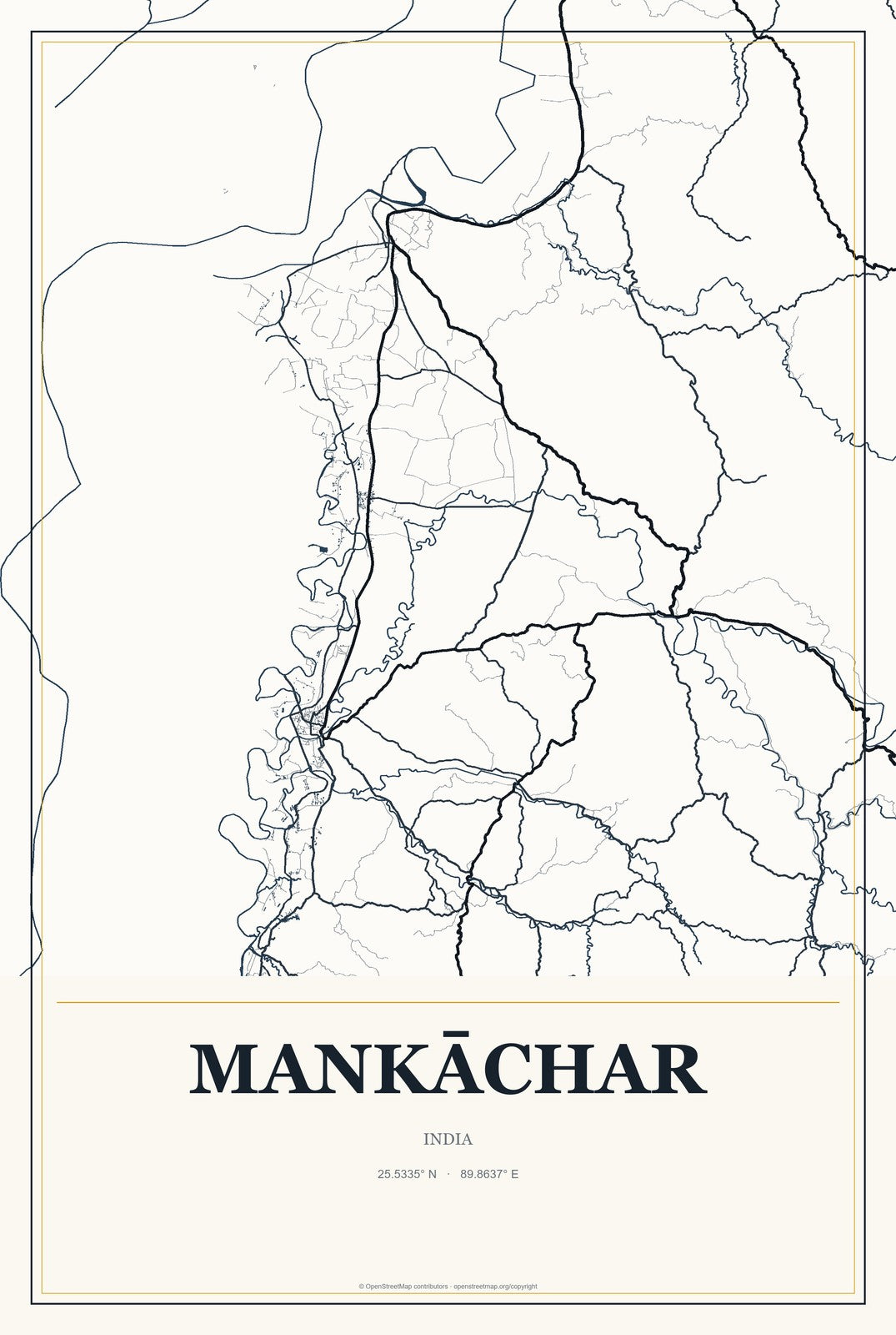 Mankāchar, India City Map Aluminum Sign in Citrine Modern style