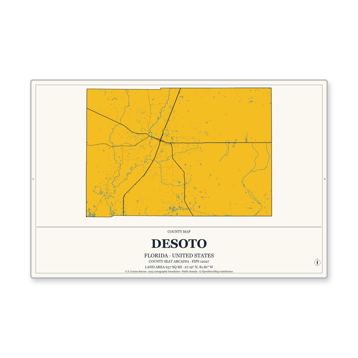 DeSoto County, Florida Map Aluminum Sign in Citrine Modern style