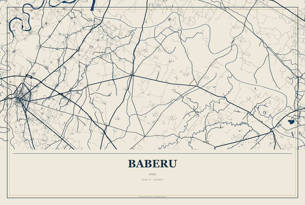 Baberu, India City Map Aluminum Sign in Coastal Cutout style