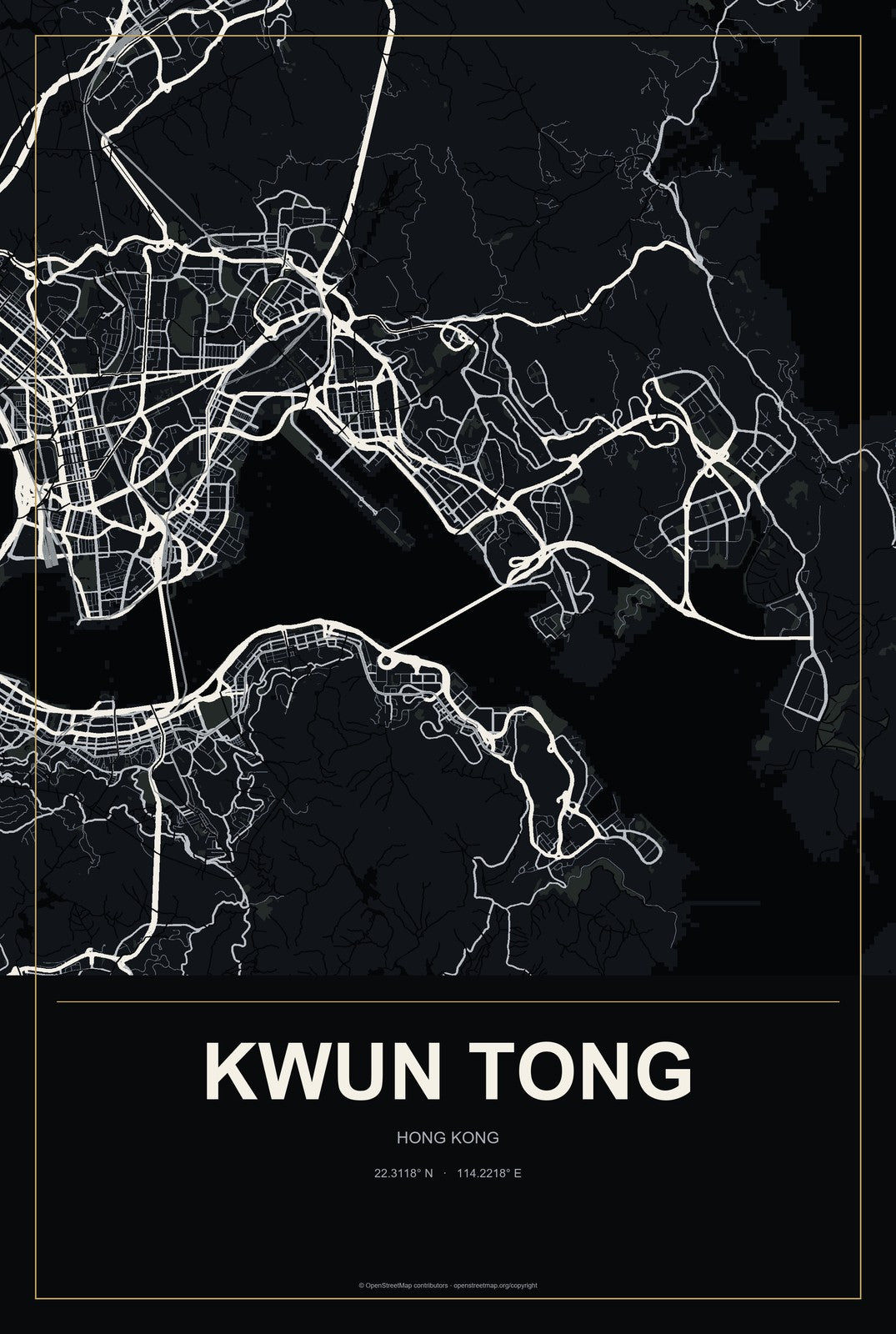 Kwun Tong, Hong Kong City Map Aluminum Sign in Metropolitan Noir style