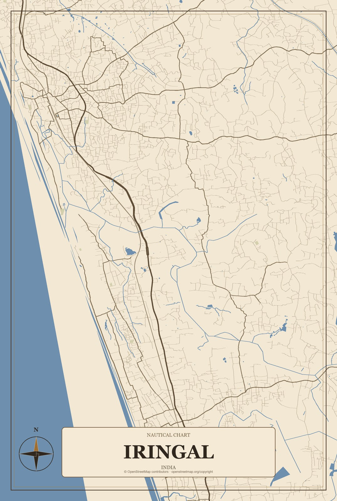 Iringal, India City Map Aluminum Sign in Heritage Nautical style