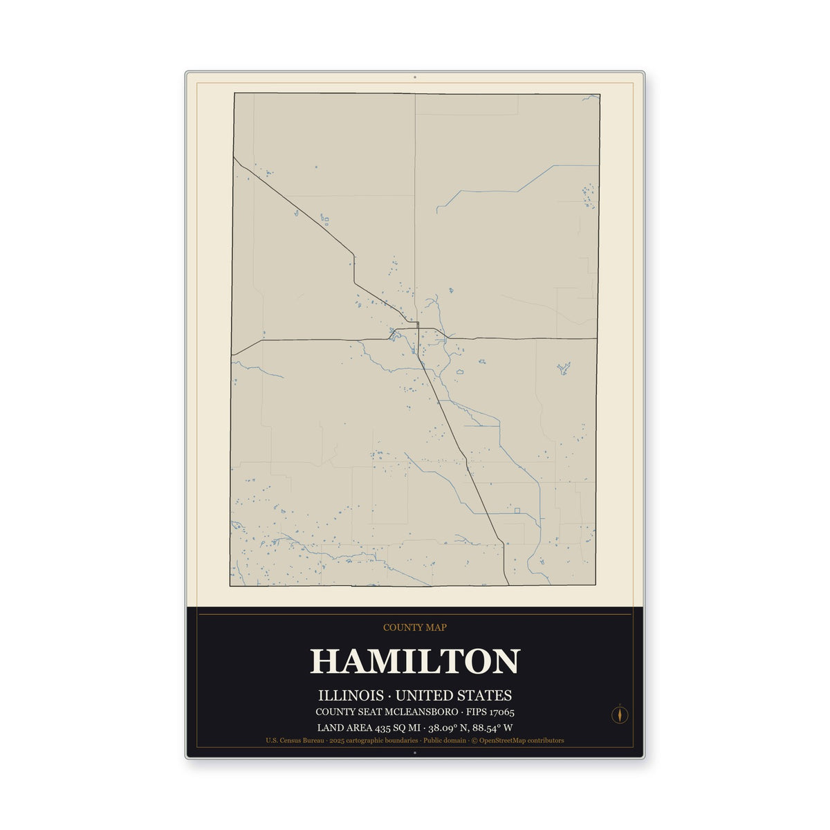 Hamilton County, Illinois Map Aluminum Sign in Museum Plaque style