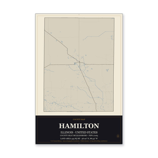 Hamilton County, Illinois Map Aluminum Sign in Museum Plaque style
