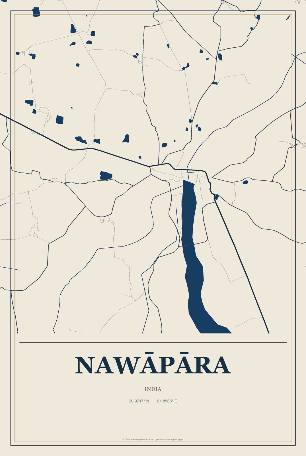 Nawāpāra, India City Map Aluminum Sign in Coastal Cutout style