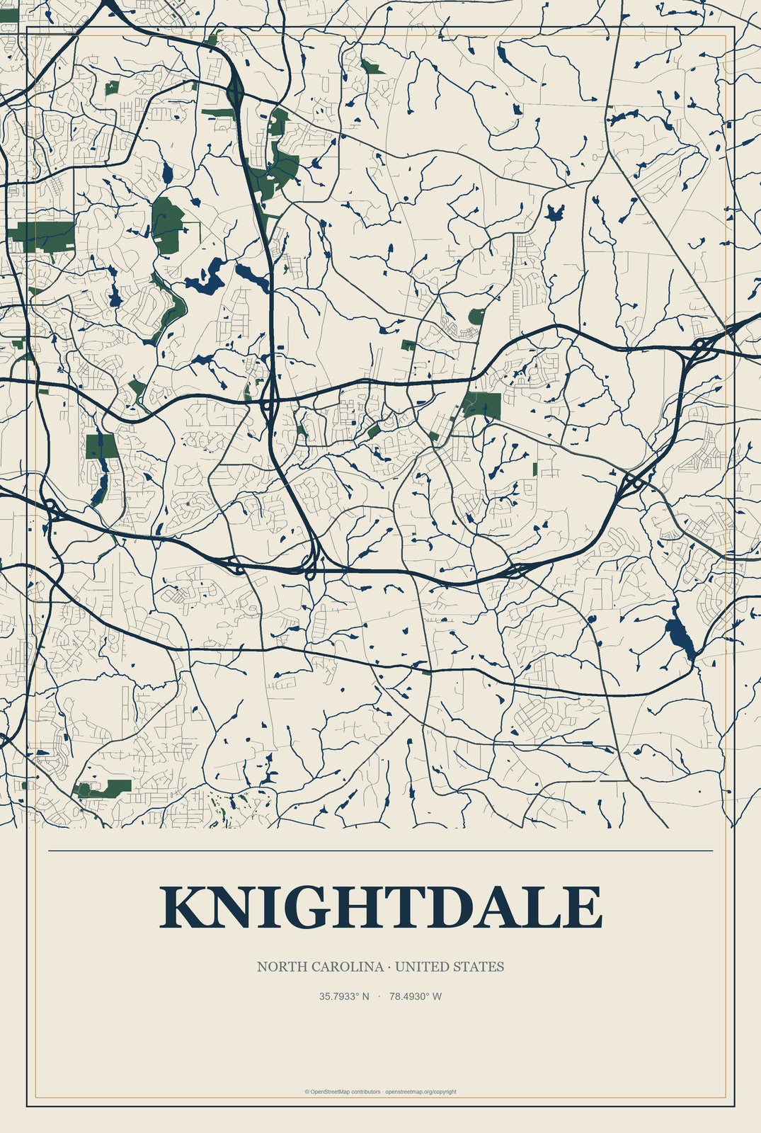 Knightdale, North Carolina City Map Aluminum Sign in Coastal Cutout style