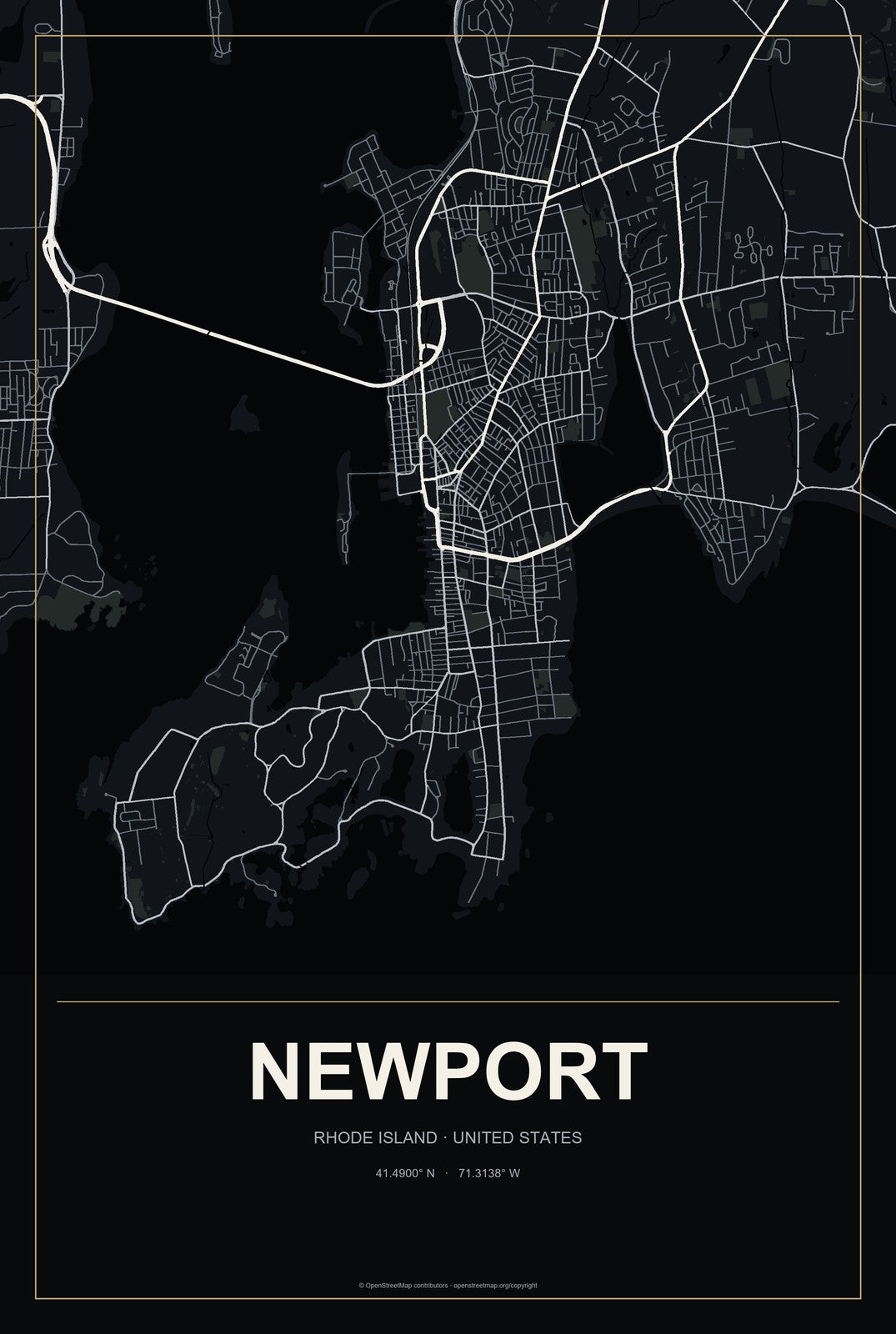Newport, Rhode Island City Map Aluminum Sign in Metropolitan Noir style