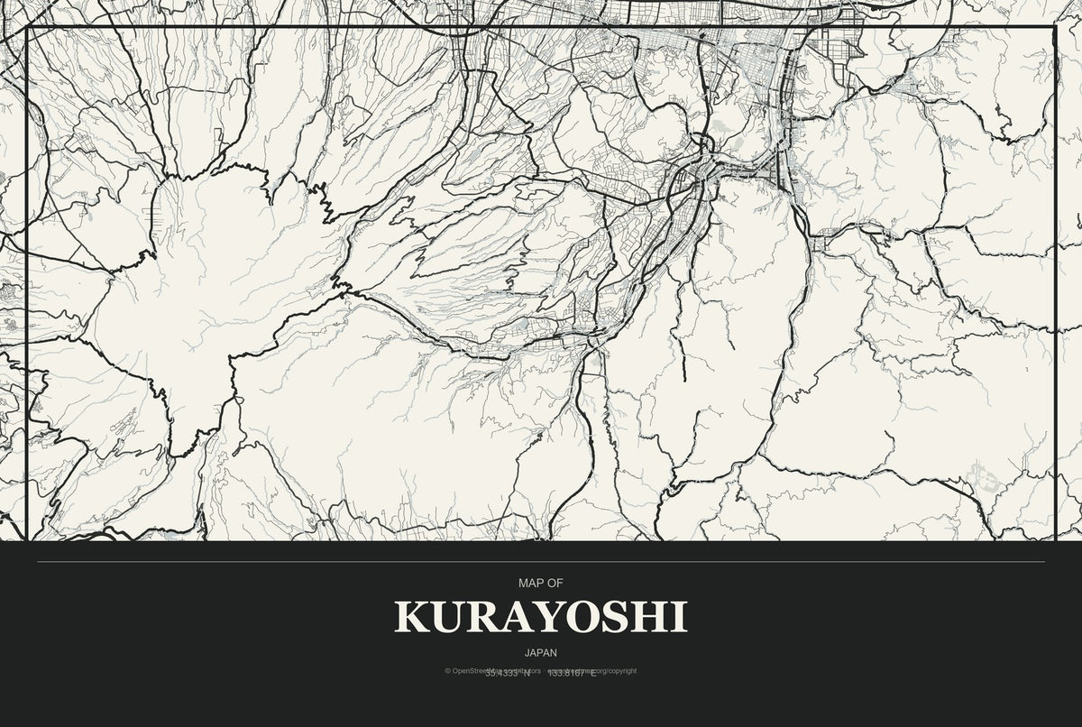 Kurayoshi, Japan City Map Aluminum Sign in Museum Plaque style