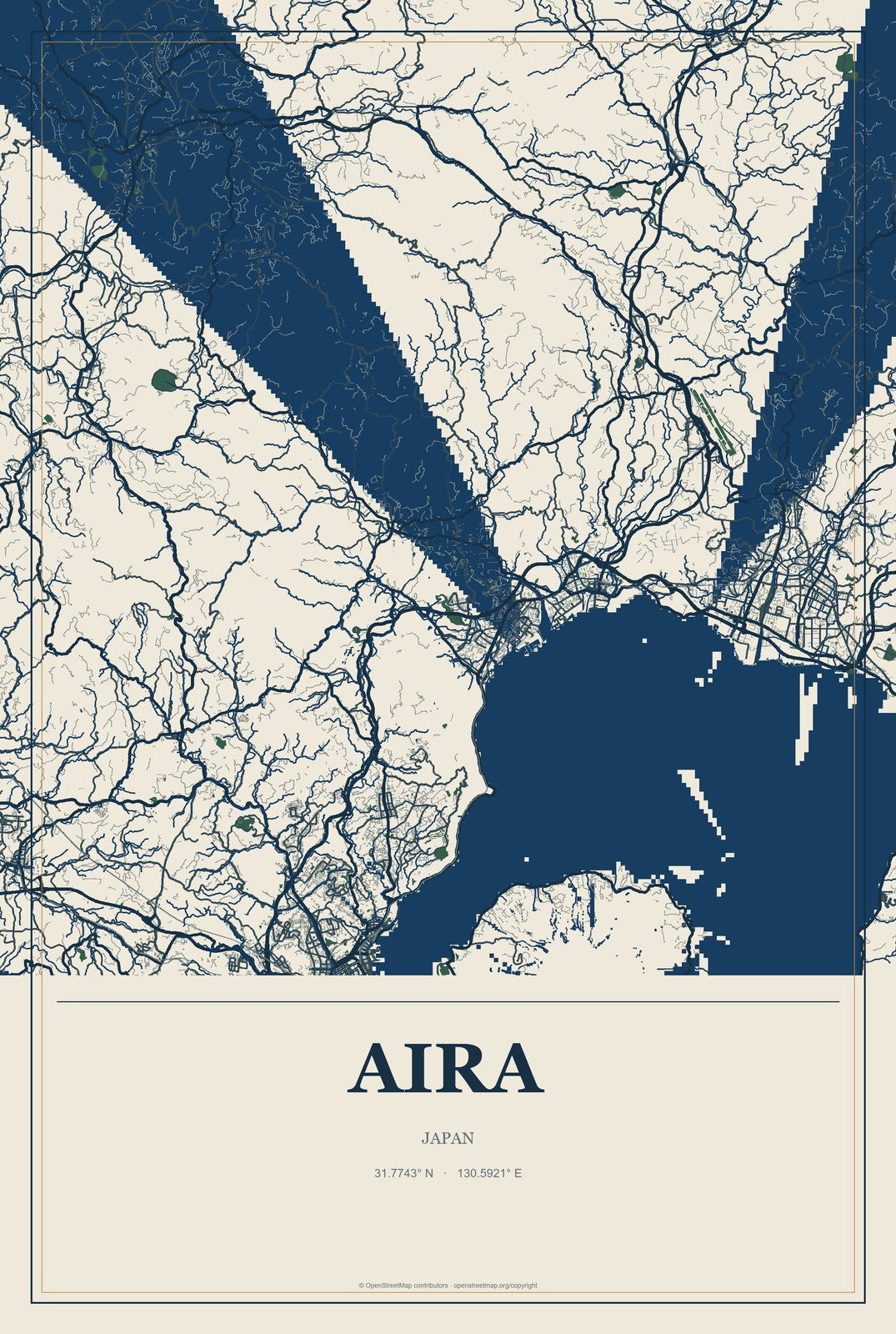 Aira, Japan City Map Aluminum Sign in Coastal Cutout style