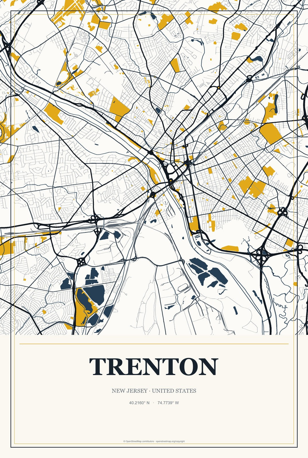 Trenton, New Jersey City Map Aluminum Sign in Citrine Modern style
