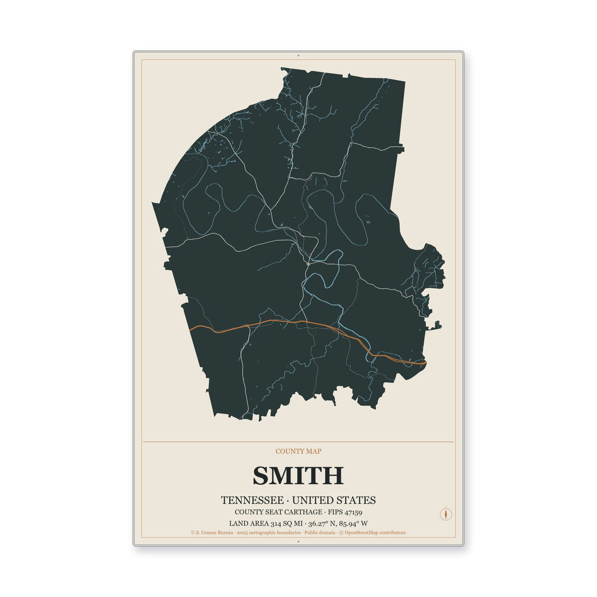 Smith County, Tennessee Map Aluminum Sign in Headline Atlas style