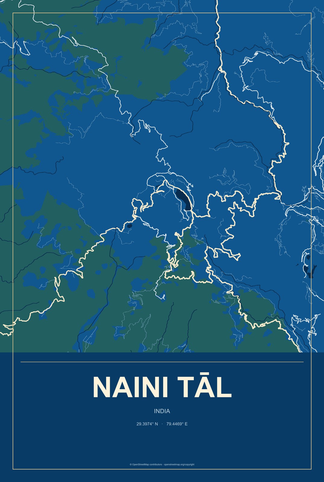 Naini Tāl, India City Map Aluminum Sign in Harbor Cobalt style
