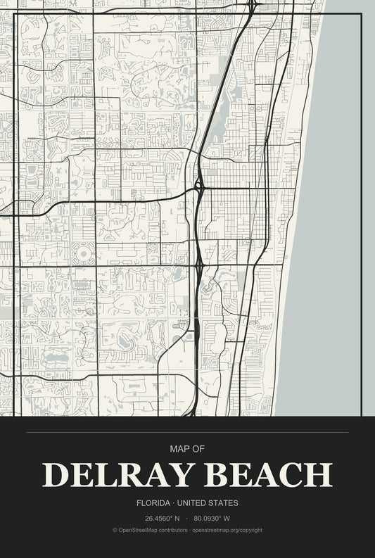 Delray Beach, Florida City Map Aluminum Sign in Museum Plaque style