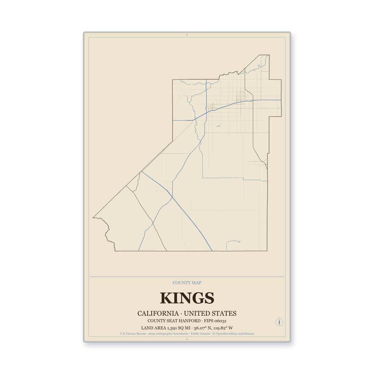 Kings County, California Map Aluminum Sign in Heritage Nautical style