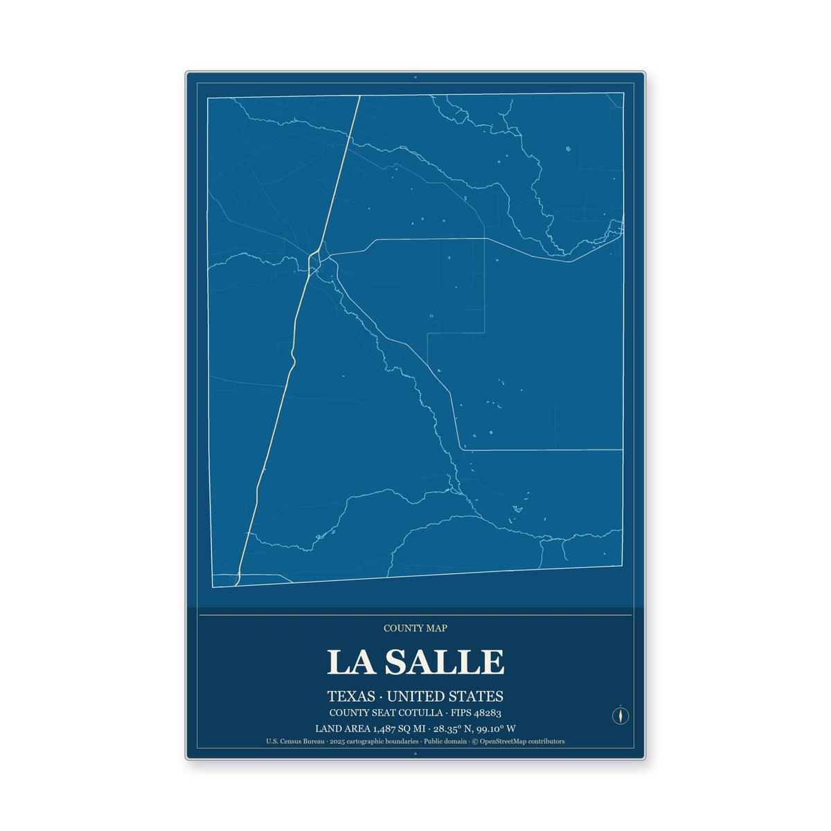 La Salle County, Texas Map Aluminum Sign in Harbor Cobalt style