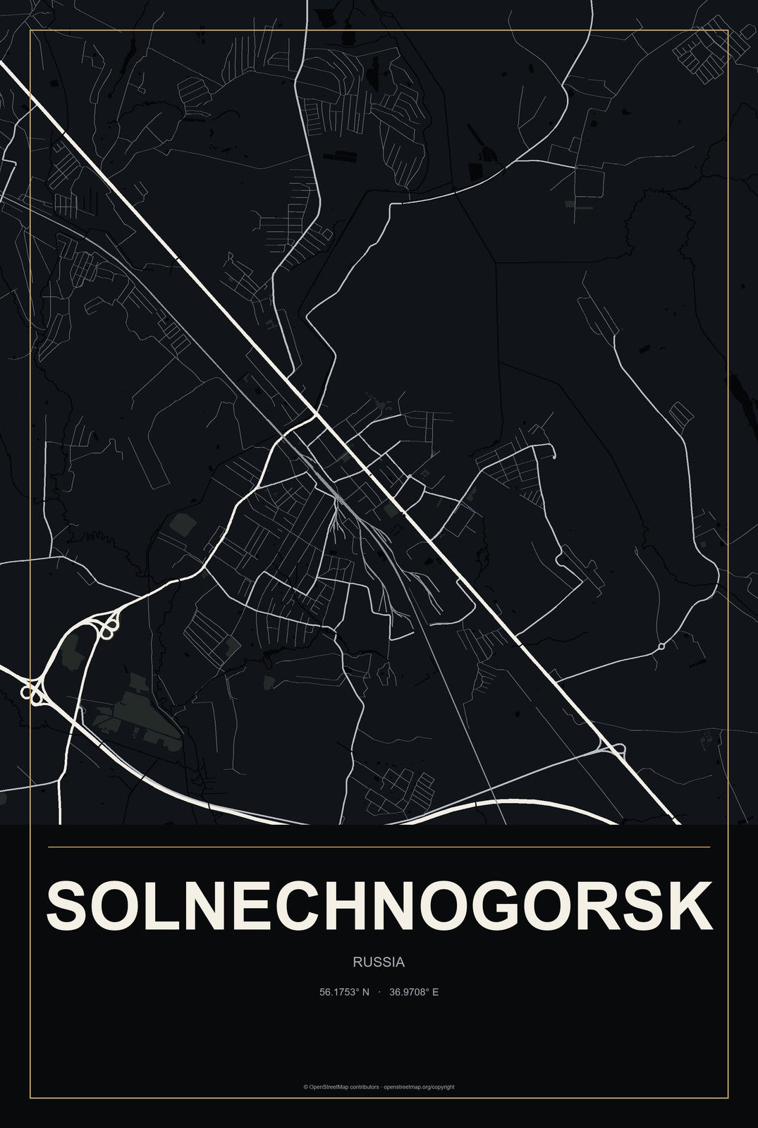 Solnechnogorsk, Russia City Map Aluminum Sign in Metropolitan Noir style