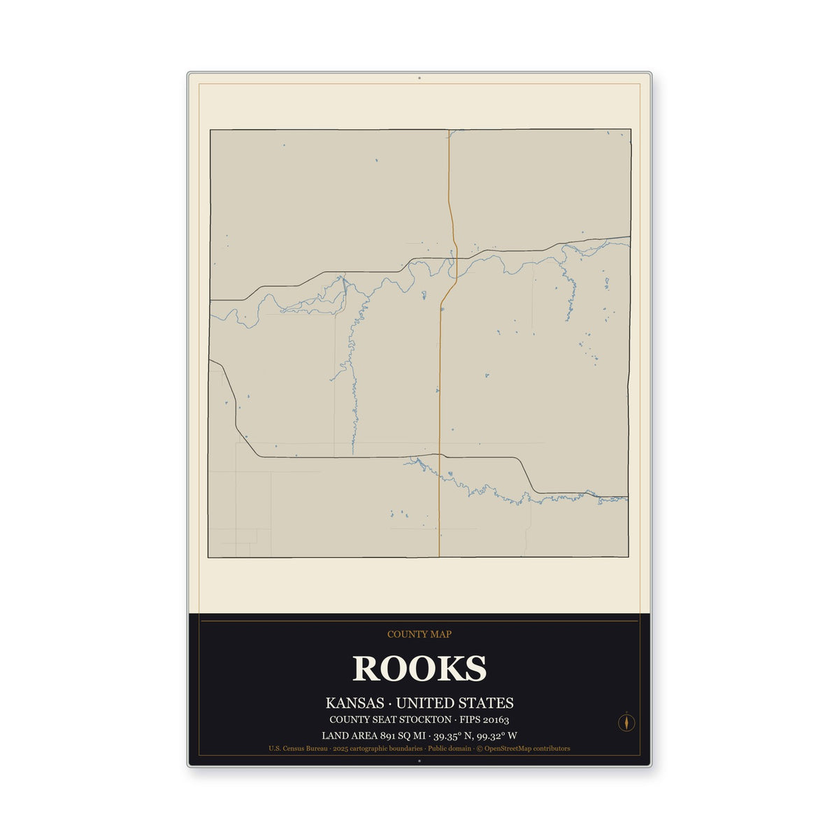 Rooks County, Kansas Map Aluminum Sign in Museum Plaque style