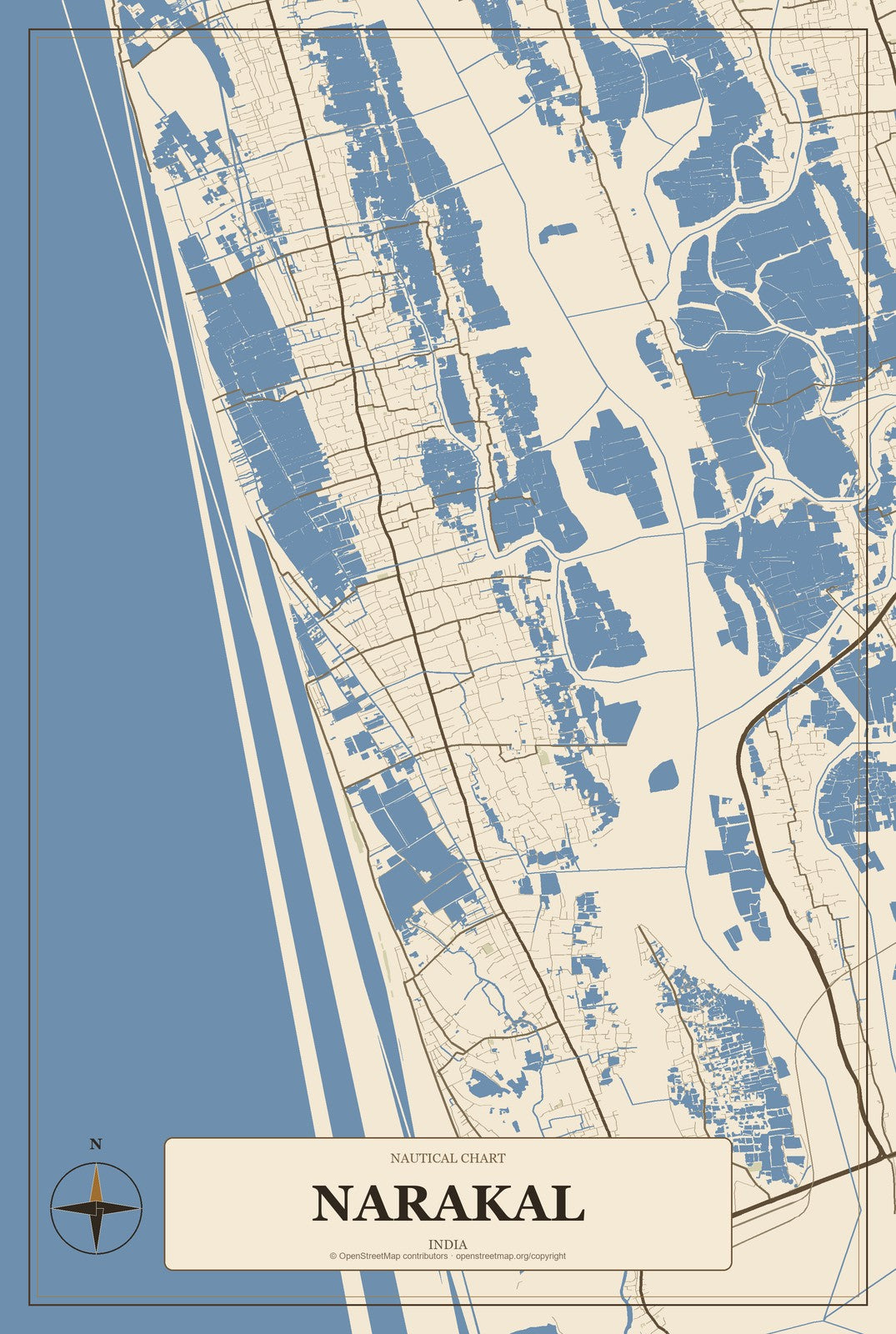 Narakal, India City Map Aluminum Sign in Heritage Nautical style