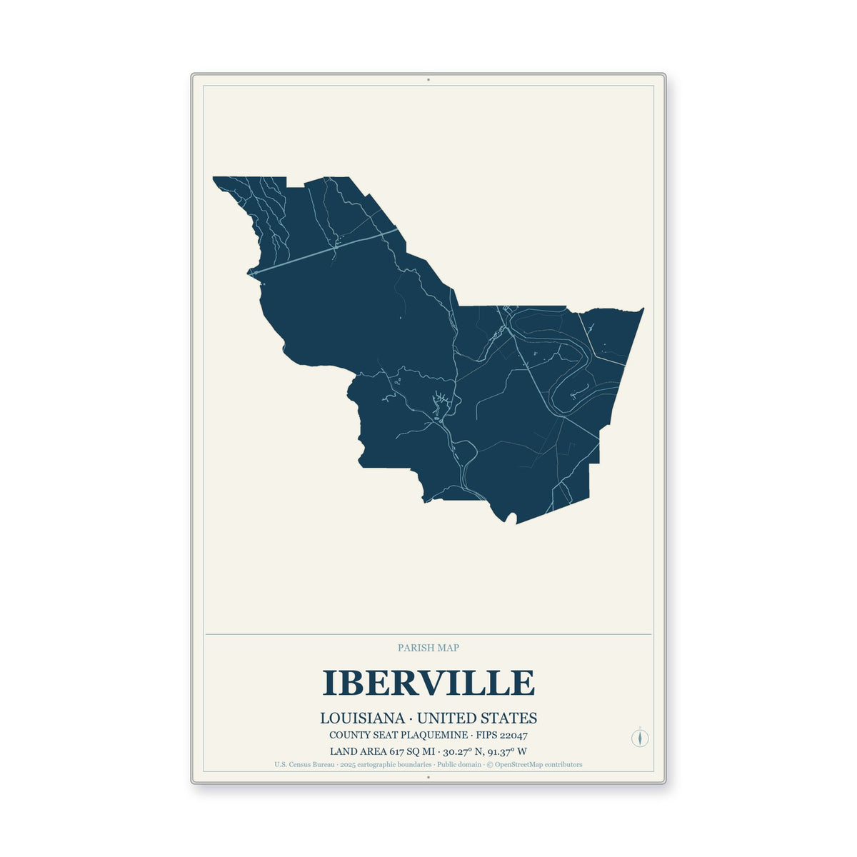 Iberville Parish, Louisiana Map Aluminum Sign in Coastal Cutout style