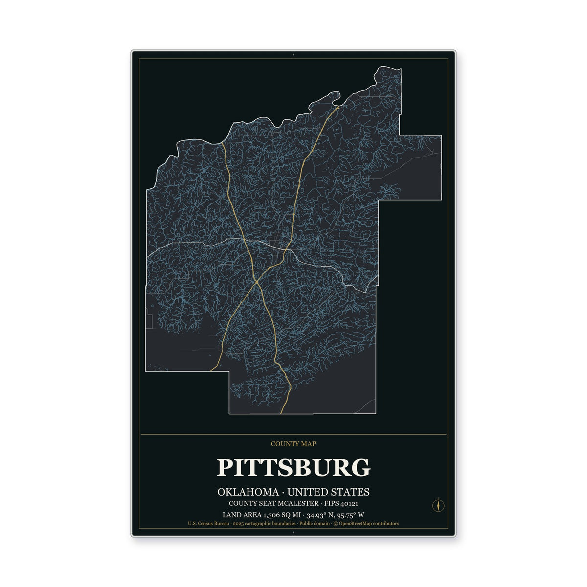 Pittsburg County, Oklahoma Map Aluminum Sign in Metropolitan Noir style