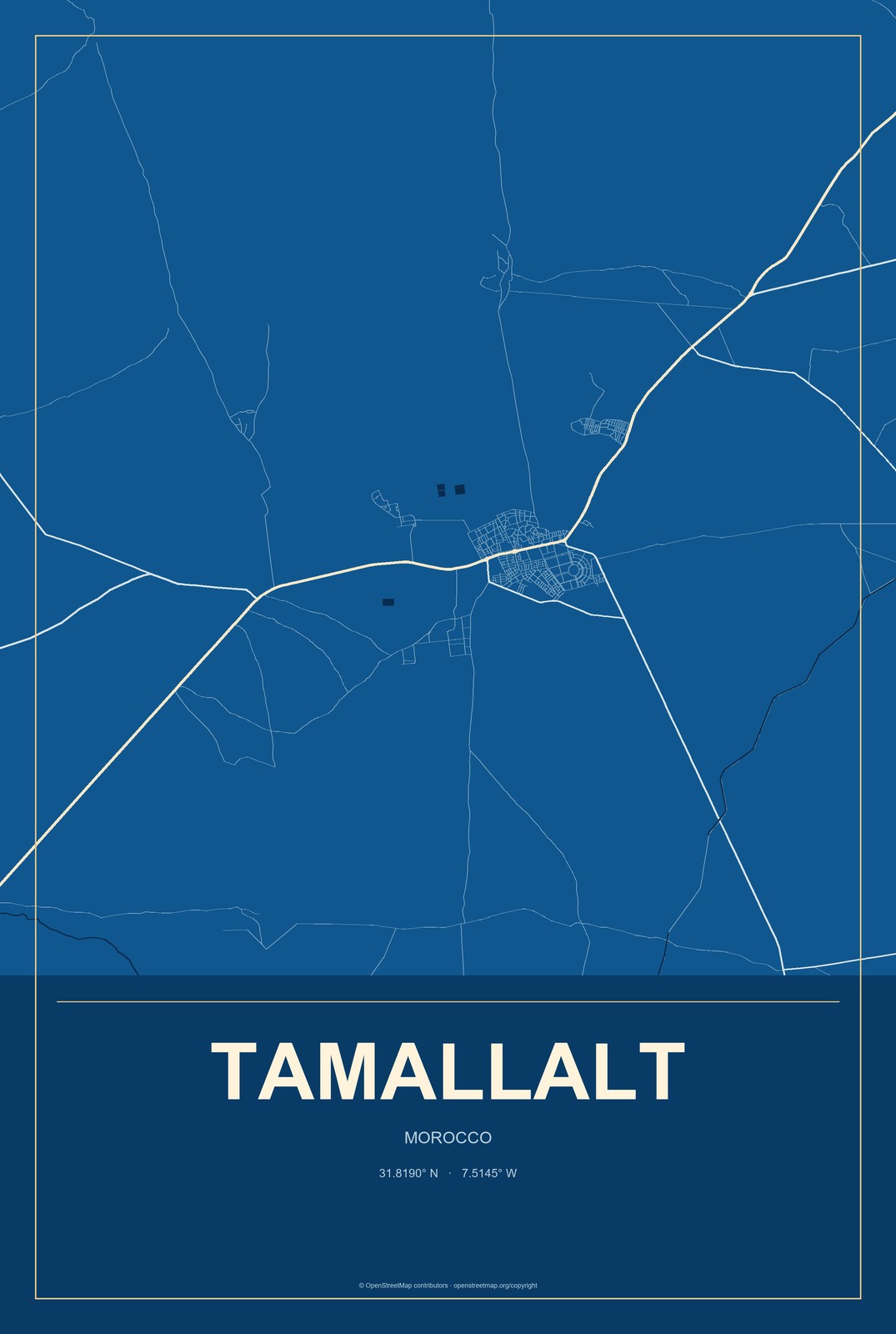Tamallalt, Morocco City Map Aluminum Sign in Harbor Cobalt style