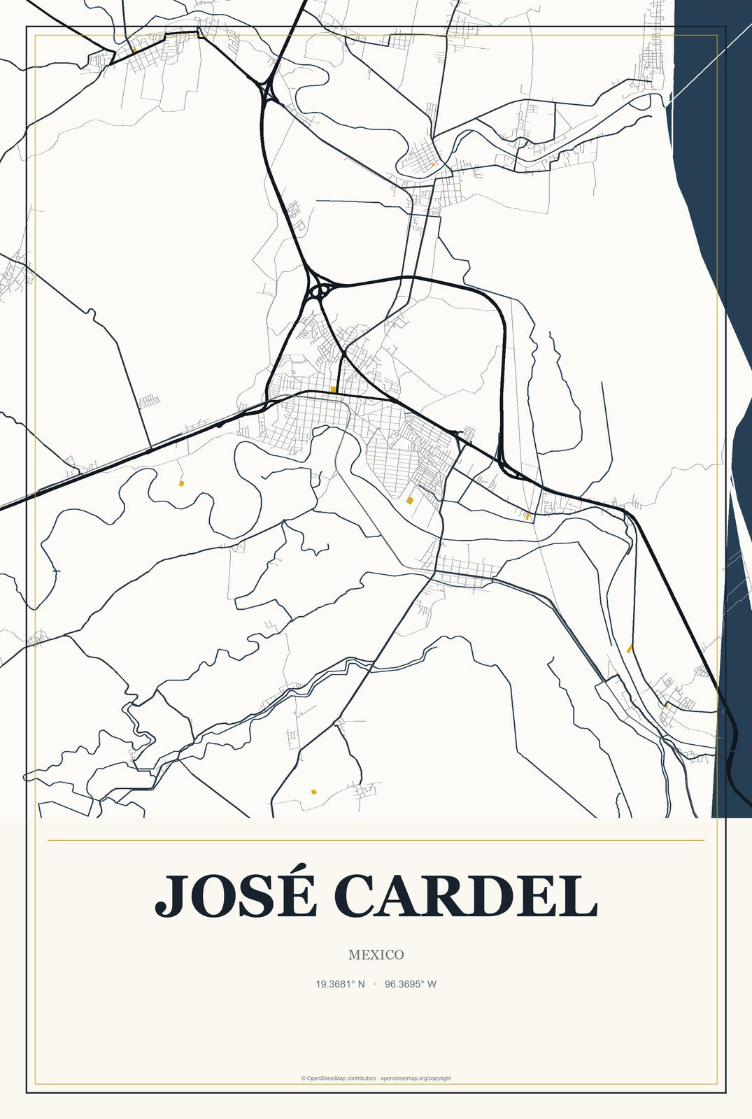 José Cardel, Mexico City Map Aluminum Sign in Citrine Modern style