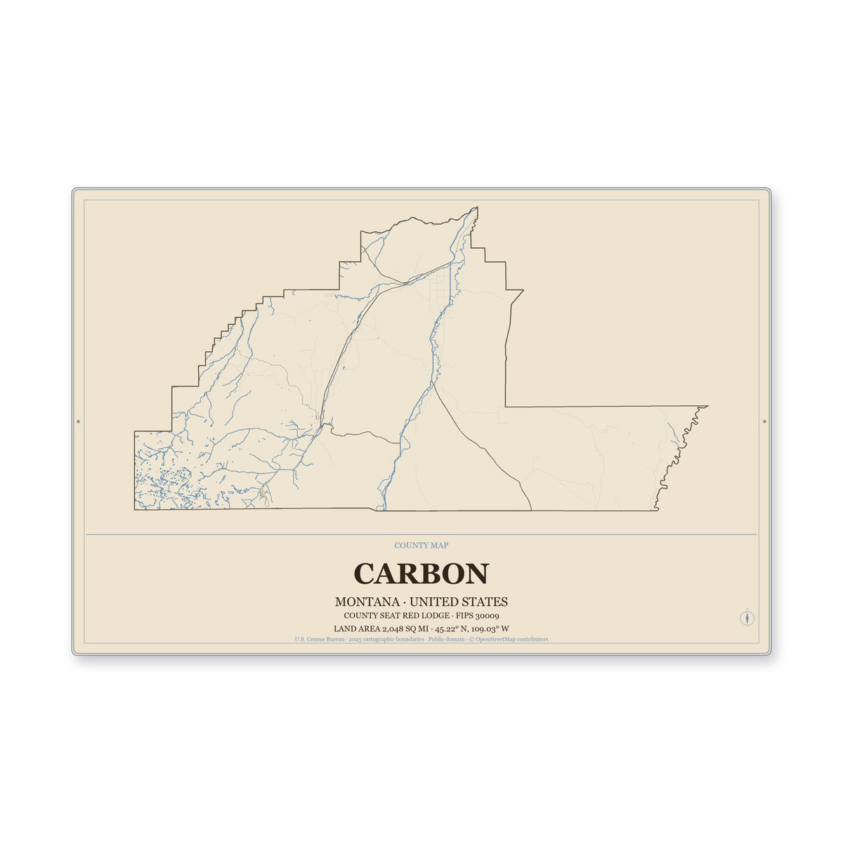 Carbon County, Montana Map Aluminum Sign in Heritage Nautical style