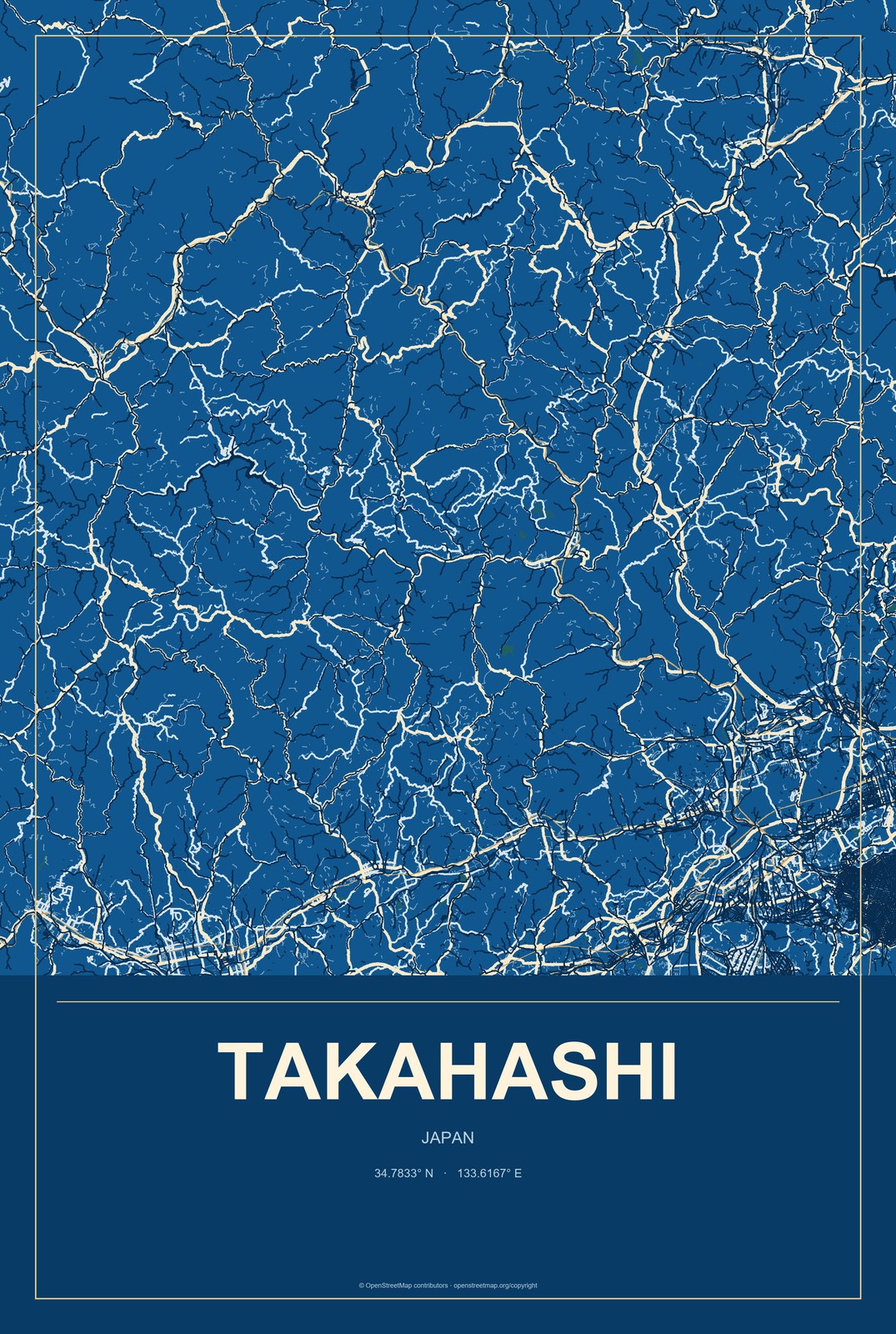 Takahashi, Japan City Map Aluminum Sign in Harbor Cobalt style