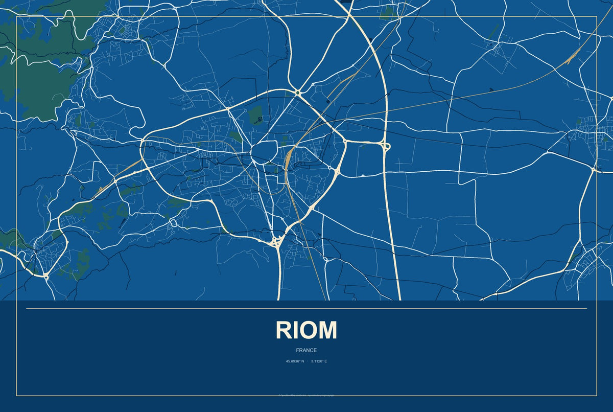 Riom, France City Map Aluminum Sign in Harbor Cobalt style