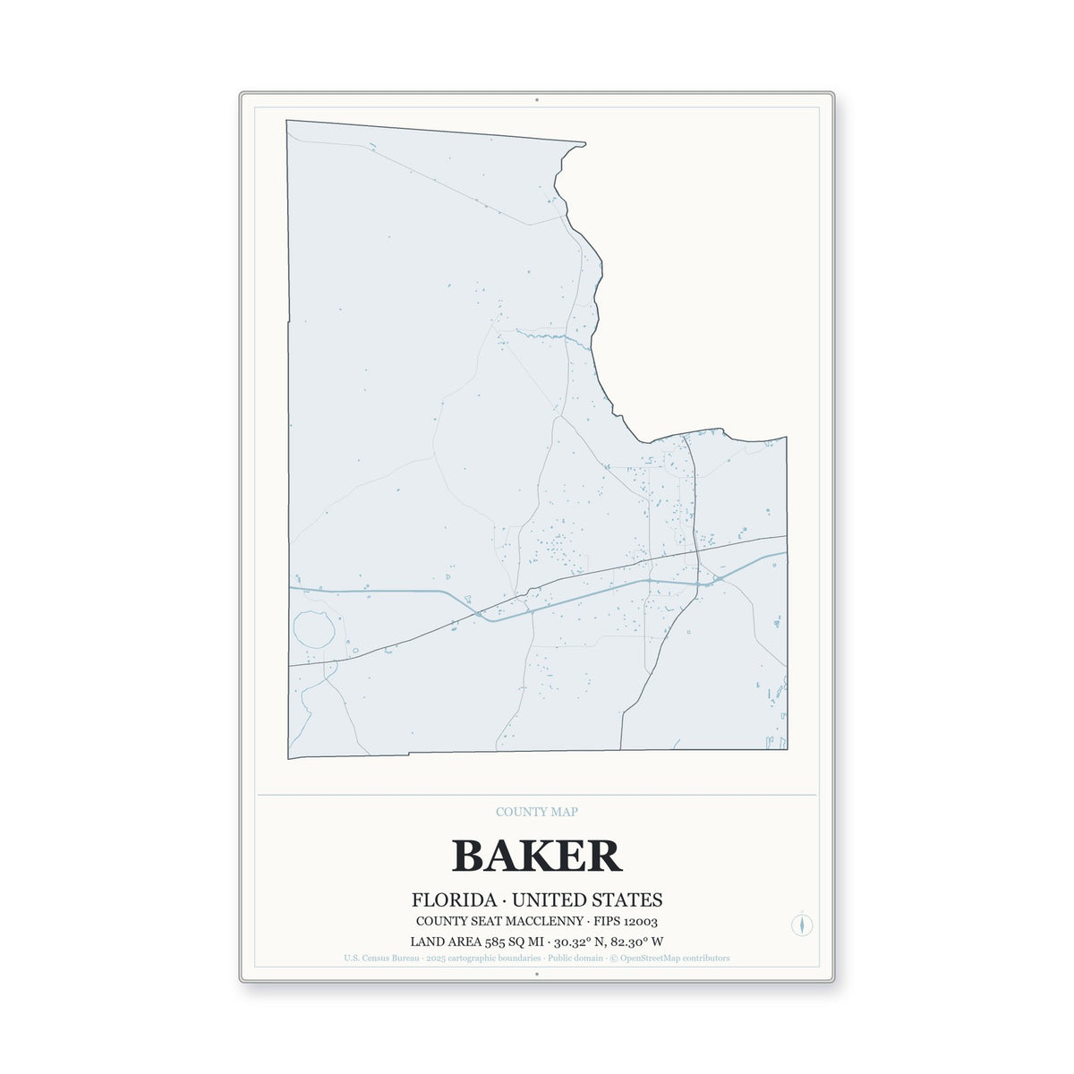 Baker County, Florida Map Aluminum Sign in Gallery Air style
