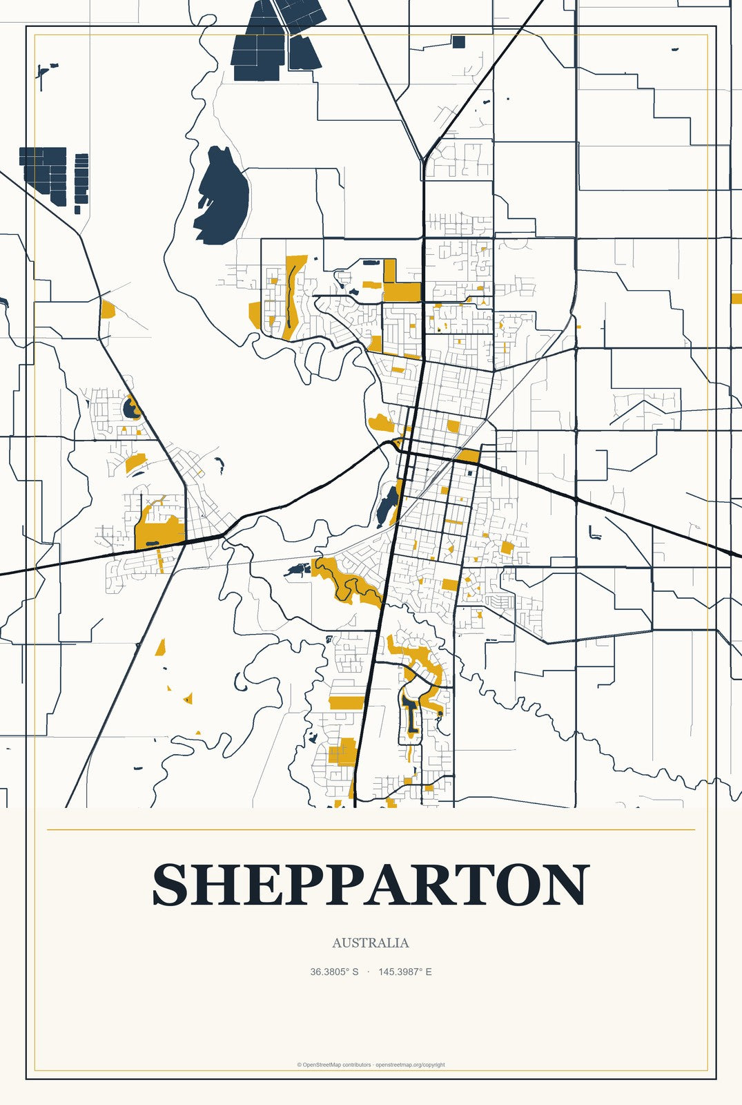Shepparton, Australia City Map Aluminum Sign in Citrine Modern style